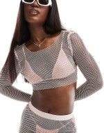 Premium Simmi diamante mesh triangle bikini set and beach top and skirt co-ord in baby p