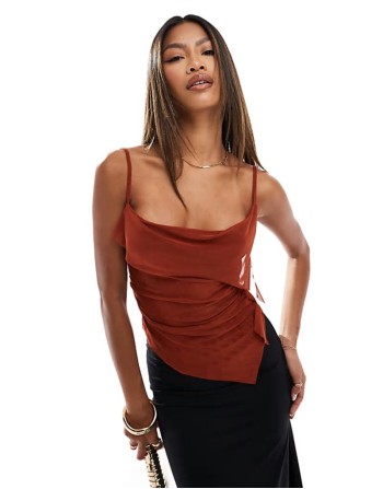 floaty sheer mesh cowl front cami top in rust