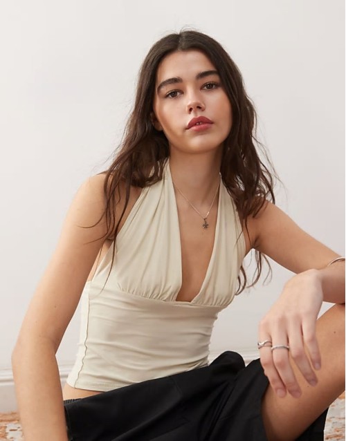 cupro longline slinky halter top in cream