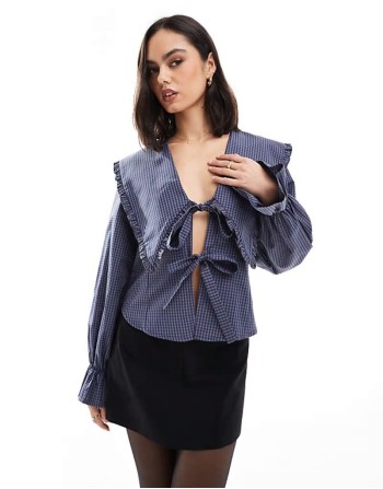 oversized collar fitted shirt in brown check
