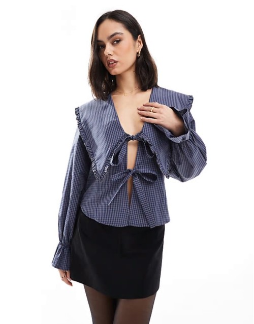 oversized collar fitted shirt in brown check