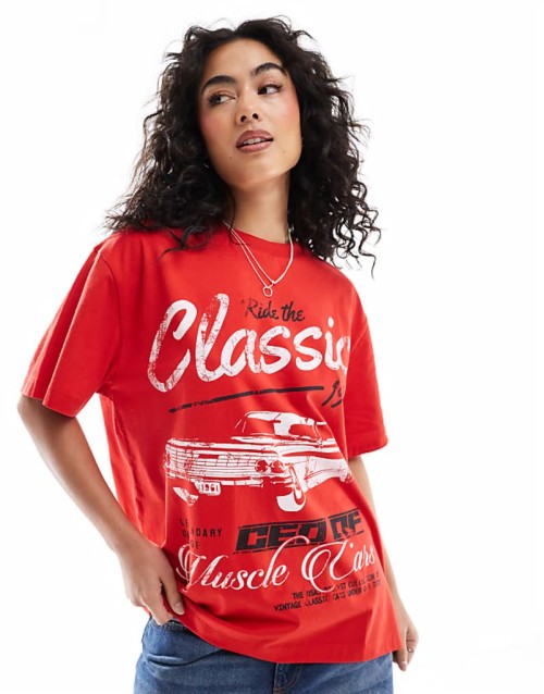 oversized t-shirt with classic car graphic in red