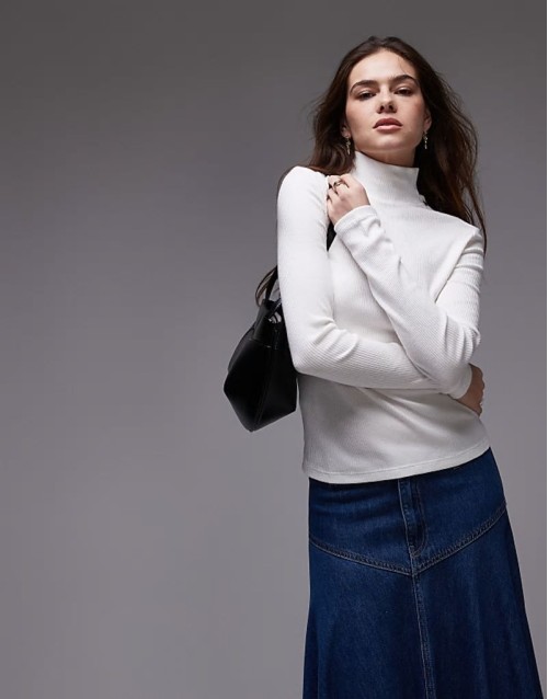 button detail neck long sve top in white
