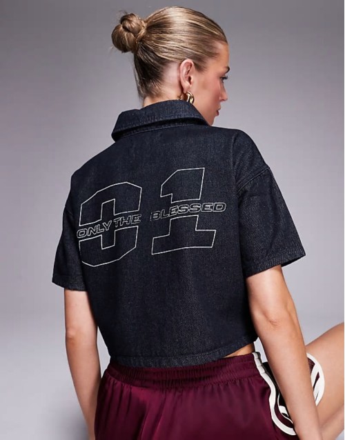 relaxed denim varsity shirt in raw denim