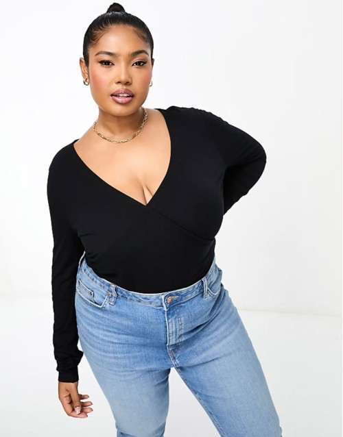 Curve long sve wrap top in black
