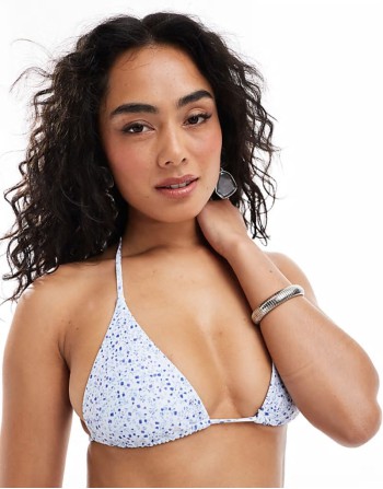 triangle tie neck bikini top in blue ditsy floral
