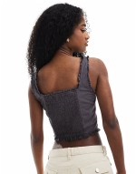 frill edge corset top with lace up detail in off black