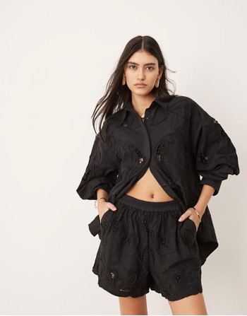 broderie cut work boxy shorts co-ord in black