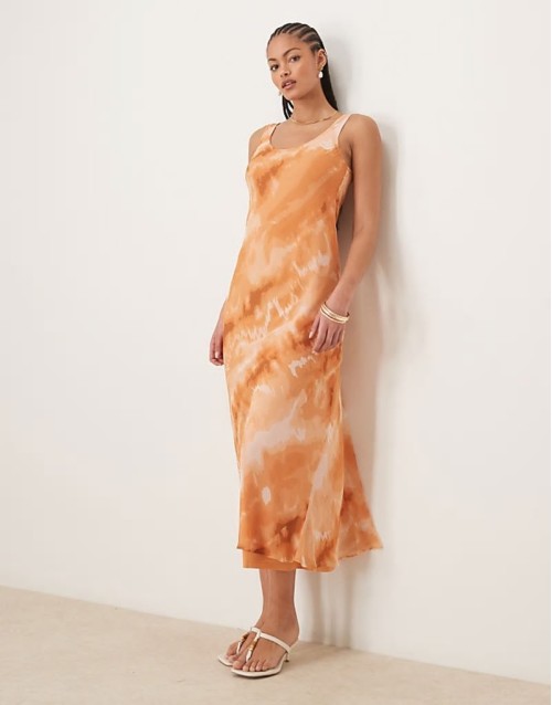 Tall chiffon scoop neck midi slip dress in orange tie dye print
