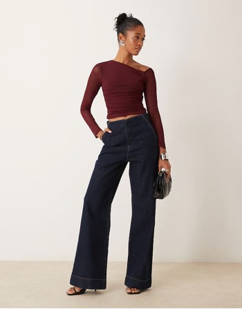 asymmetric long sve mesh top in burgundy