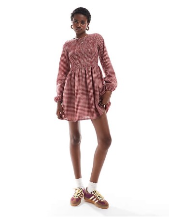 shirred detail mini smock dress in red natural gingham