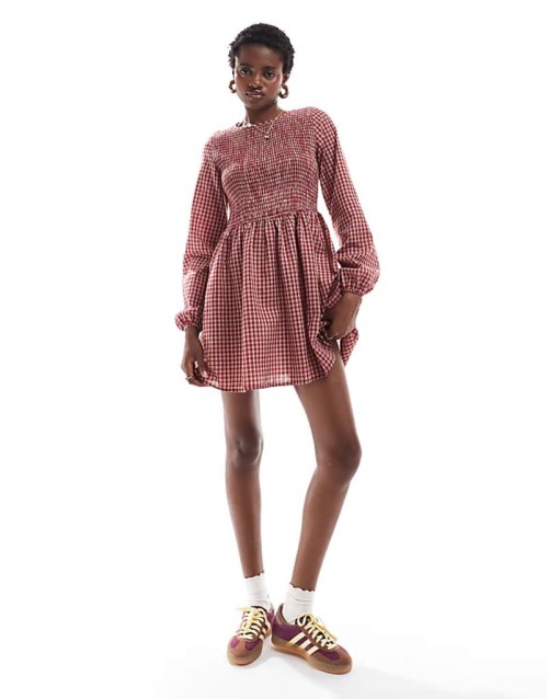 shirred detail mini smock dress in red natural gingham
