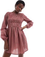 shirred detail mini smock dress in red natural gingham