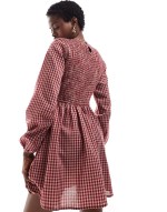 shirred detail mini smock dress in red natural gingham