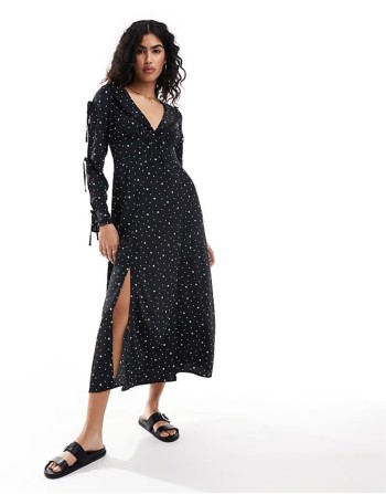 collar tie front bow sve maxi dress in polka dot bow print