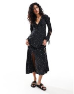 collar tie front bow sve maxi dress in polka dot bow print