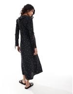 collar tie front bow sve maxi dress in polka dot bow print