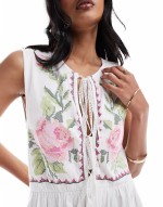 tie up front sveless mini dress with rose embroidery in white