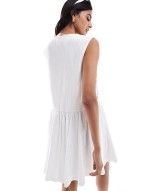 tie up front sveless mini dress with rose embroidery in white