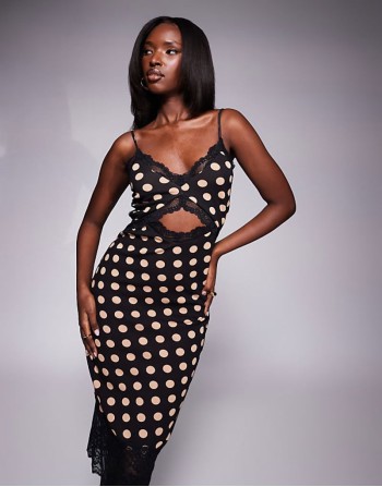 Josestte midi dress with lace trim detail in almond polka dot print