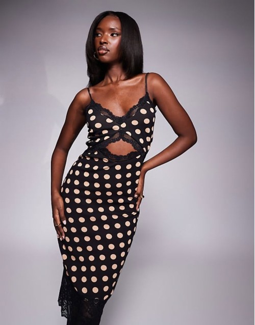 Josestte midi dress with lace trim detail in almond polka dot print