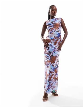 sequin scoop back sveless maxi dress in floral print