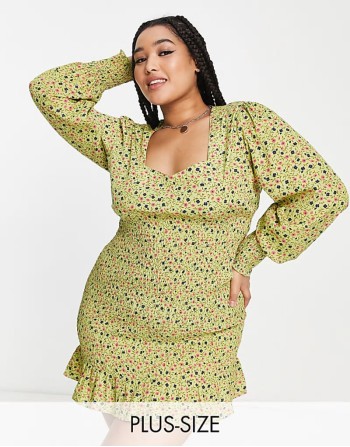 square neck shirred mini dress in khaki ditsy