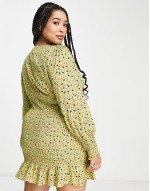 square neck shirred mini dress in khaki ditsy