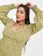 square neck shirred mini dress in khaki ditsy