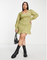 square neck shirred mini dress in khaki ditsy