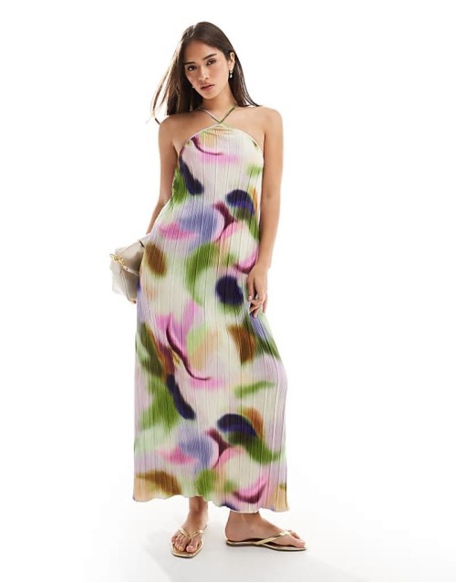 high neck plisse maxi dress in abstract swirl print