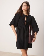 tie front mini dress in corduroy in black