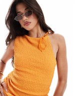 crinkle tie one shoulder mini dress in orange