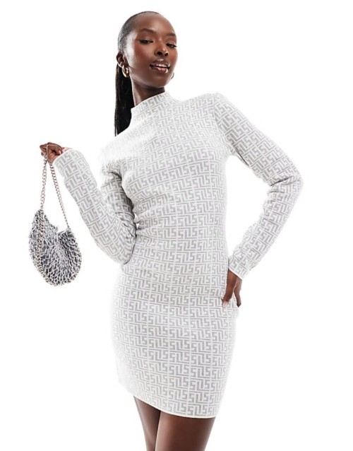 Simmi high neck knitted mini dress in grey geo print
