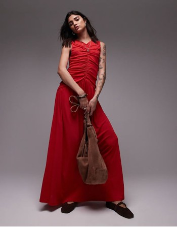 drop waist ruched maxi dress in red