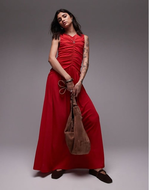 drop waist ruched maxi dress in red