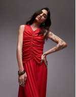 drop waist ruched maxi dress in red