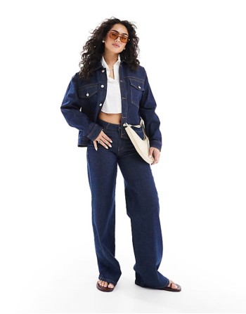 trucker jacket and Selma wide leg jeans in dark blue denim