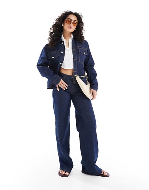 trucker jacket and Selma wide leg jeans in dark blue denim