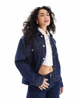 trucker jacket and Selma wide leg jeans in dark blue denim