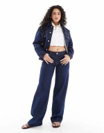 trucker jacket and Selma wide leg jeans in dark blue denim